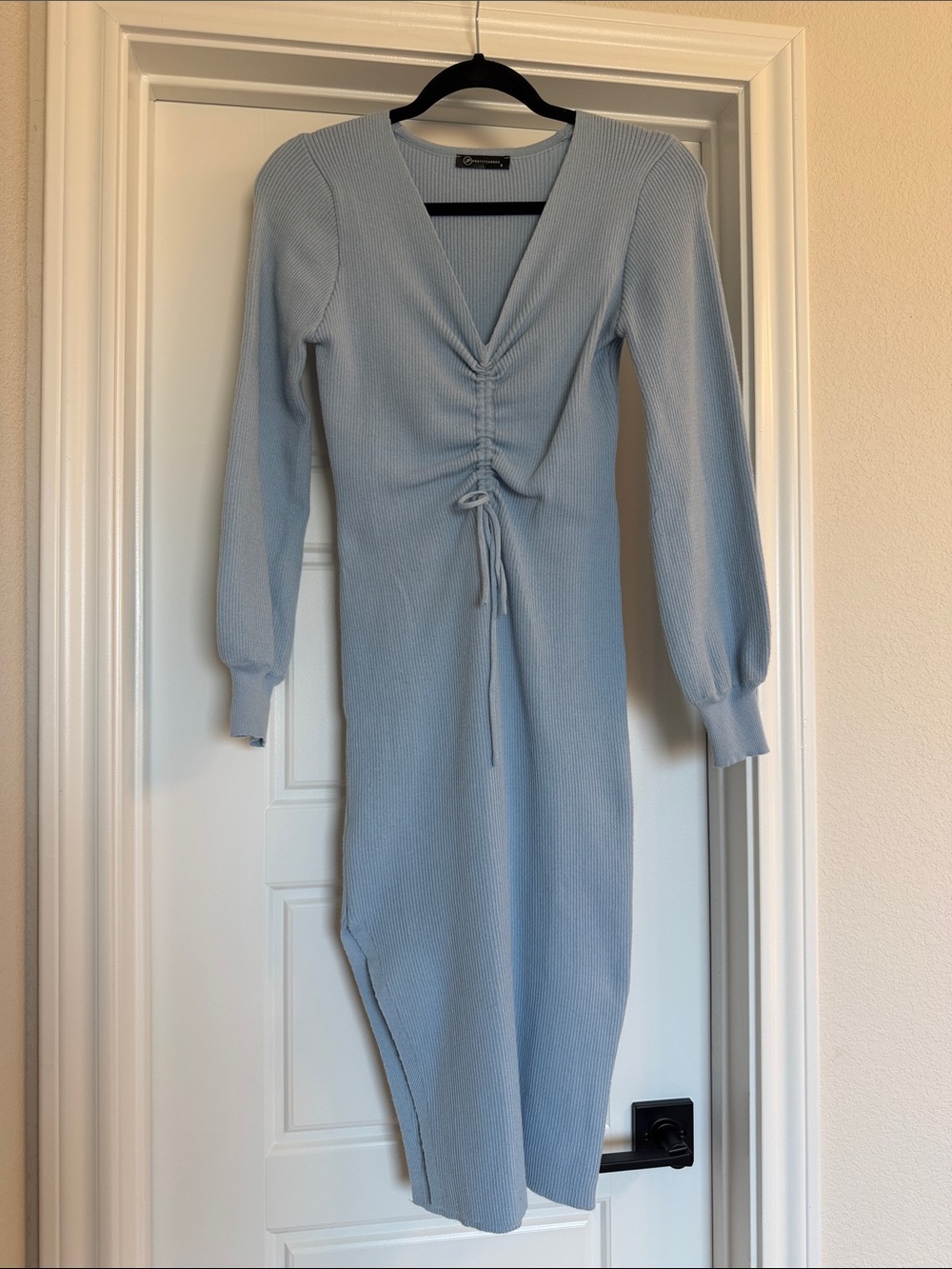 Light Blue Ruched V-Neck Long Sleeve Knit Dress